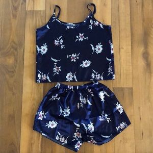 Satin Deep Blue Floral PJs